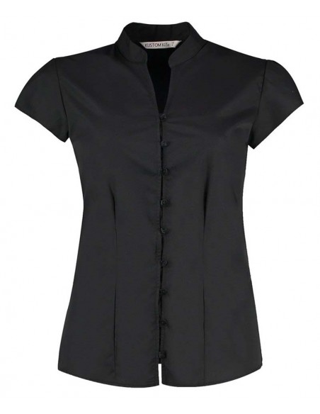 Kustom Kit Women's continental blouse mandarin collar cap sleeve (tailored fit)