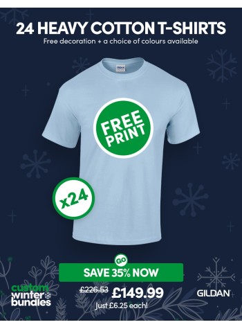 24 of our best selling Heavy Cotton T-shirts with FREE PRINTING and FREE DELIVERY included