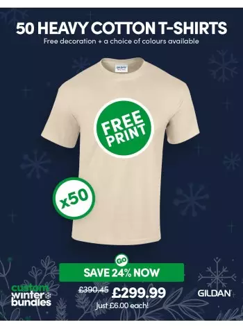 50 of our best selling Heavy Cotton T-shirts with FREE PRINTING and FREE DELIVERY included.