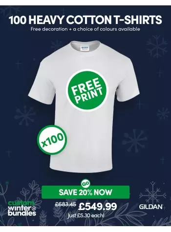 100 of our best selling Heavy Cotton T-shirts with FREE PRINTING and FREE DELIVERY included.