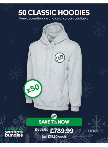 50 of our best selling Classic Hoodies with FREE LOGO and FREE DELIVERY included.