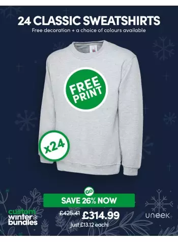 24 of our best selling Classic Sweatshirts with FREE LOGO and FREE DELIVERY included.