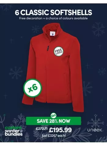 6 of our best selling Classic Softshell Jackets with FREE LOGO and FREE DELIVERY included.