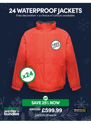 This GoCustom Pack is a bundle containing 24 of our best-selling Regatta Dover Waterproof Jackets with FREE LOGO