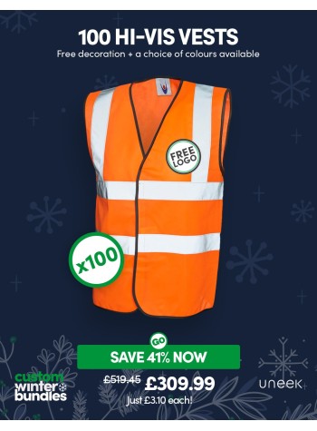 100 of our best selling Hi-Vis Waistcoats with FREE LOGO PRINTING and FREE DELIVERY included.