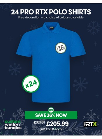 24 of our best selling durable Polo Shirts with FREE LOGO and FREE DELIVERY included.