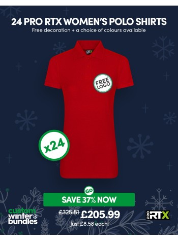 24 of our best selling durable Women's Polo Shirts with FREE LOGO and FREE DELIVERY included.