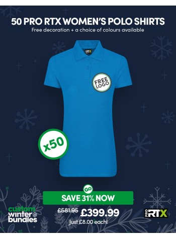 50 of our best selling durable Women's Polo Shirts with FREE LOGO and FREE DELIVERY included.