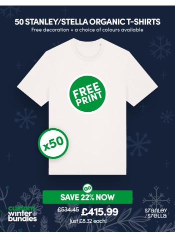 A bundle containing 50 of our best selling Stanley/Stella Organic T-shirts with FREE PRINTING and FREE DELIVERY included.