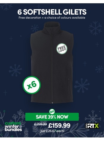 6 of our best selling Softshell Gilets with FREE EMBROIDERED LOGO and FREE DELIVERY included.