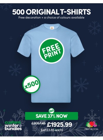A bundle containing 500 of our best-value Fruit Of The Loom T-shirts with FREE PRINTING