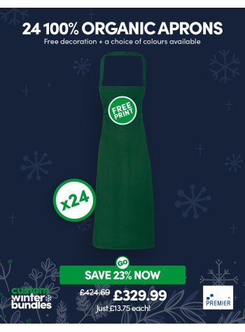A bundle containing 24 sustainable 100% organic cotton aprons with FREE LOGO and FREE DELIVERY included.