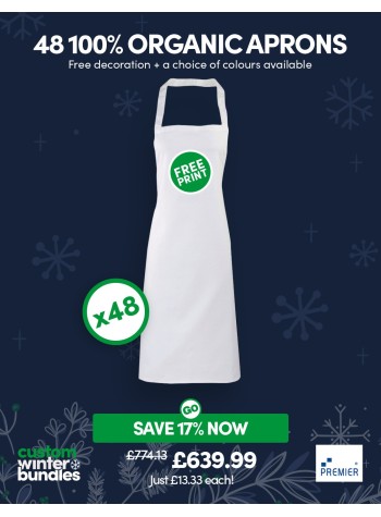 A bundle containing 48 sustainable 100% organic cotton aprons with FREE LOGO and FREE DELIVERY included.