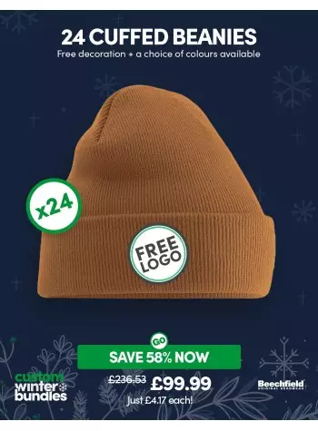 A bundle containing 24 of our best-selling Cuffed Beanies with FREE EMBROIDERY