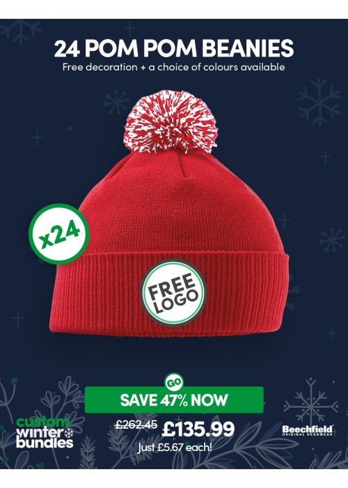 Bundle: 24 x Pom Pom Beanies with FREE Logo