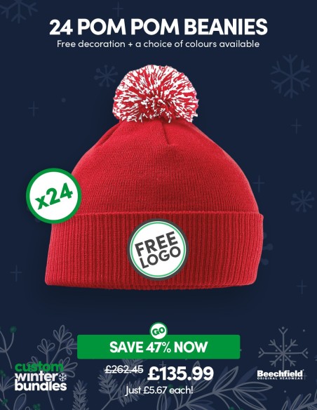 Bundle: 24 x Pom Pom Beanies with FREE Logo