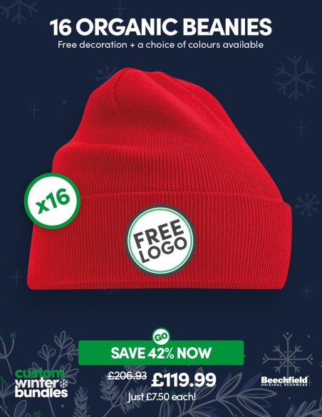 Bundle: 16 x Organic Cuffed Beanie with FREE Logo