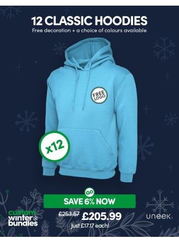 12 of our best-selling Classic Hoodies with FREE LOGO and FREE DELIVERY included.