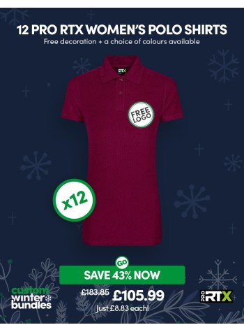 12 of our best-selling durable Women's Polo Shirts with FREE LOGO and FREE DELIVERY included.