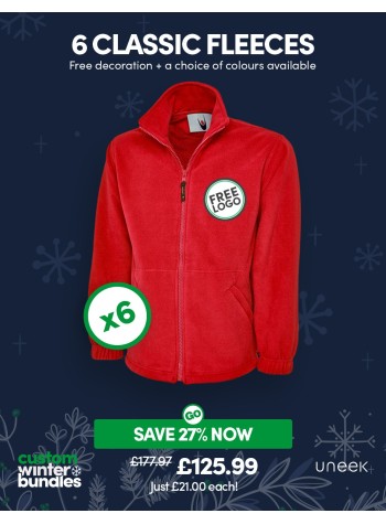 6 of our best-selling Classic Full Zip Fleece Jackets with FREE LOGO and FREE DELIVERY included.