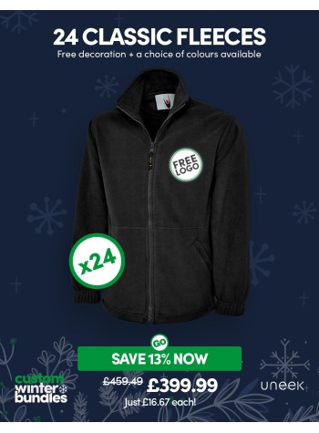 24 of our best-selling Classic Full Zip Fleece Jackets with FREE LOGO and FREE DELIVERY included.