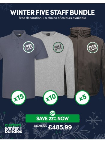 A fantastic value FIVE staff winter bundle of our best-selling workwear with FREE CUSTOMISATION included.