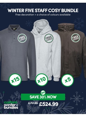 A fantastic value Five staff cosy winter bundle of our best-selling workwear with FREE CUSTOMISATION included.