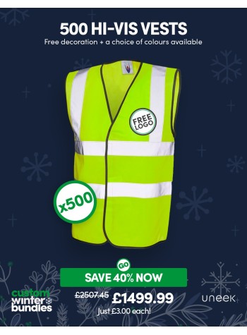 500 of our best-selling Hi-Vis Waistcoats with FREE LOGO PRINTING and FREE DELIVERY included.