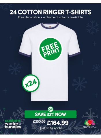 A bundle containing 24 Fruit Of The Loom Ringer T-shirts with FREE PRINTING and FREE DELIVERY included.