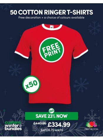 A bundle containing 50 Fruit Of The Loom Ringer T-shirts with FREE PRINTING and FREE DELIVERY included.