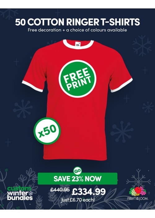 Bundle: 50 x Cotton Ringer T-Shirts with Free...