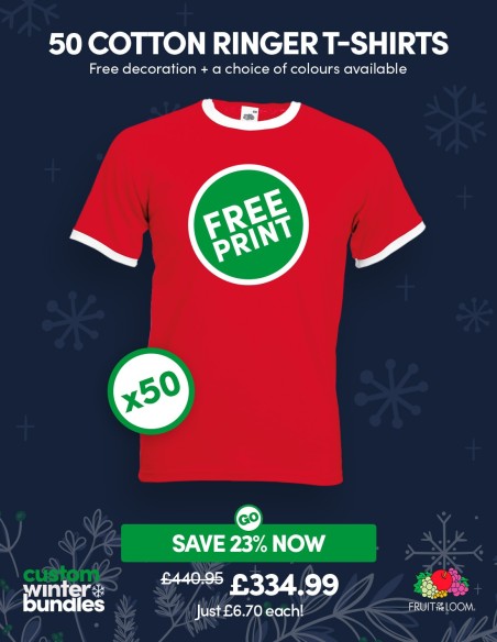 Bundle: 50 x Cotton Ringer T-Shirts with Free Printing