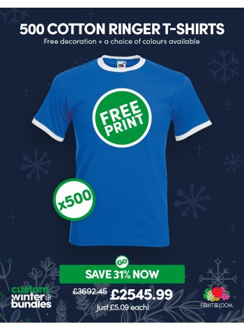 A bundle containing 500 Fruit Of The Loom Ringer T-shirts with FREE PRINTING and FREE DELIVERY included.