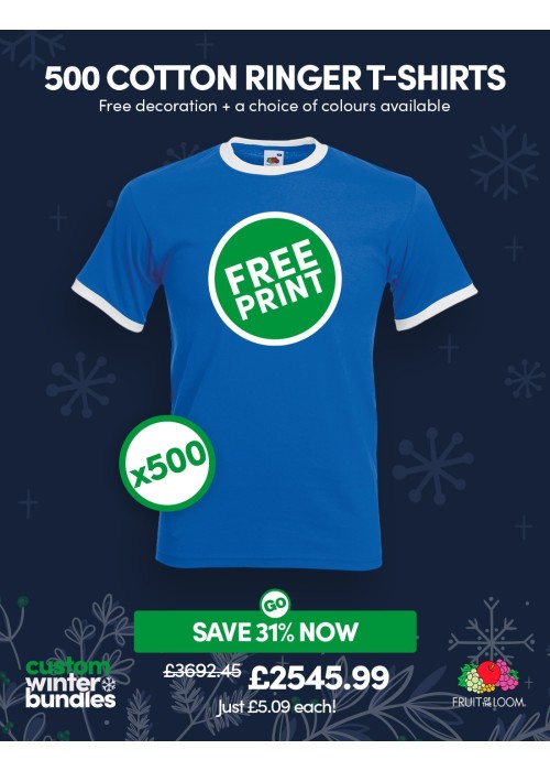 Bundle: 500 x Cotton Ringer T-Shirts with Free...