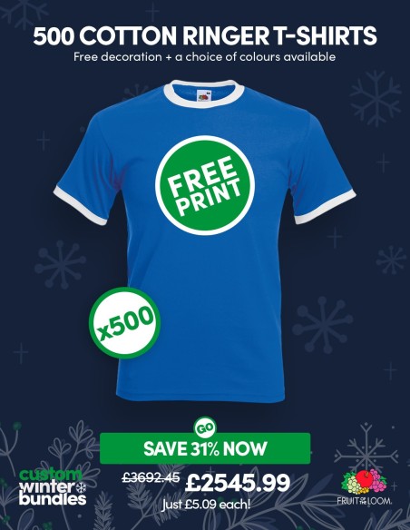 Bundle: 500 x Cotton Ringer T-Shirts with Free Printing