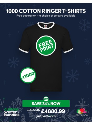 A bundle containing 1000 Fruit Of The Loom Ringer T-shirts with FREE PRINTING and FREE DELIVERY included.