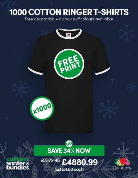 Bundle: 1000 x Cotton Ringer T-Shirts with Free Printing
