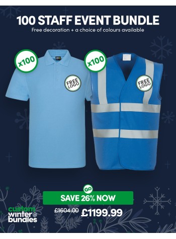 A fantastic value 100 staff event bundle of our best-selling Polo Shirt & Hi-Vis Vest with FREE CUSTOMISATION included.