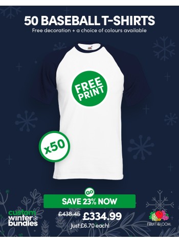 A bundle containing 50 Fruit Of The Loom baseball T-shirts with FREE PRINTING and FREE DELIVERY included.