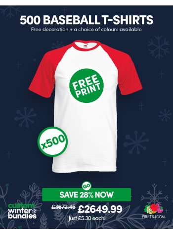 A bundle containing 500 Fruit Of The Loom baseball T-shirts with FREE PRINTING and FREE DELIVERY included.
