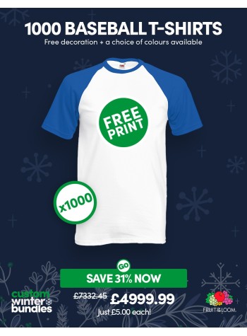 A bundle containing 1000 Fruit Of The Loom baseball T-shirts with FREE PRINTING and FREE DELIVERY included.