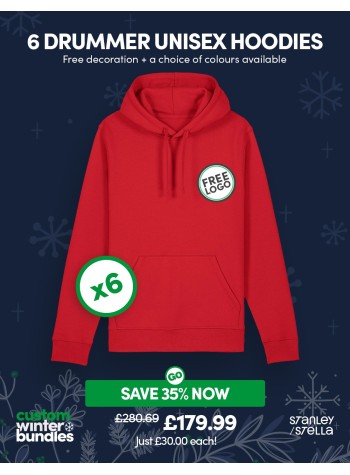 A bundle containing 6 Drummer Unisex Hoodies with FREE PRINTING or EMBROIDERY and FREE DELIVERY included.