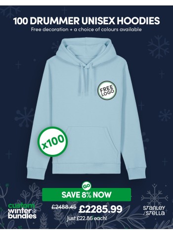 A bundle containing 100 Drummer Unisex Hoodies with FREE PRINTING or EMBROIDERY and FREE DELIVERY included.