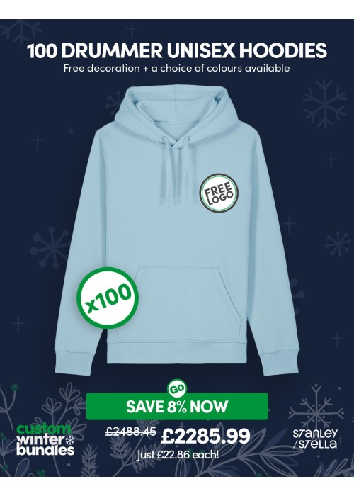 Bundle: 100 x Drummer Unisex Hoodie with Free Logo