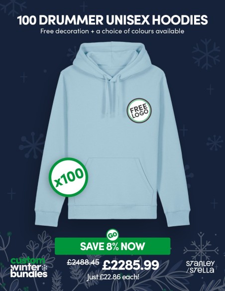 Bundle: 100 x Drummer Unisex Hoodie with Free Logo