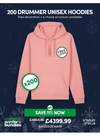 A bundle containing 200 Drummer Unisex Hoodies with FREE PRINTING or EMBROIDERY and FREE DELIVERY included.