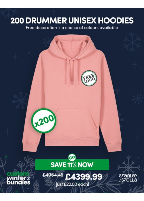Bundle: 200 x Drummer Unisex Hoodie with Free Logo