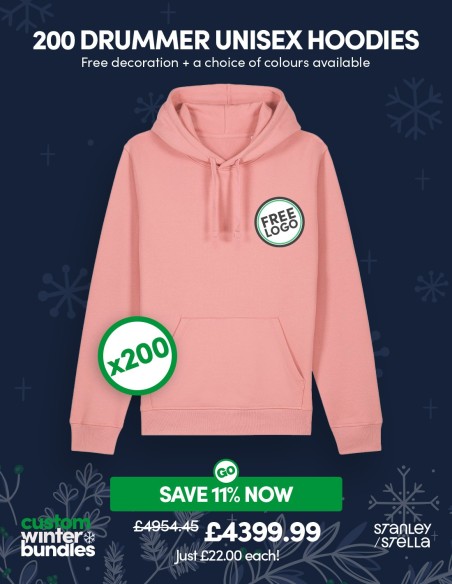 Bundle: 200 x Drummer Unisex Hoodie with Free Logo