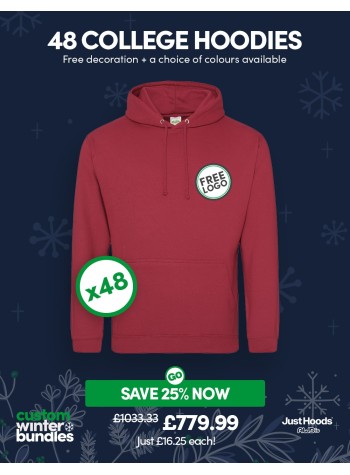 A bundle containing 48 College Hoodies with FREE PRINTING or EMBROIDERY and FREE DELIVERY included.