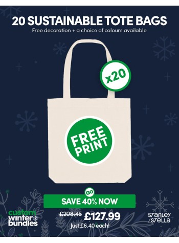 A bundle containing 20 x Sustainable Tote Bags with FREE PRINTING & FREE DELIVERY included.